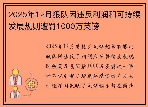 2025年12月狼队因违反利润和可持续发展规则遭罚1000万英镑 2025年12月狼队因违反利润和可持续发展规则遭罚1000万英镑